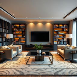 A contemporary-style living room interior richly adorned with a large, sleek flat-screen television and sophisticated bookshelves filled with elegant books