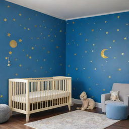 A baby-safe nursery with playful, colorful designs adorning the walls. The open, spacious room is painted in azure blue and gold, with whimsical motifs like animals, stars, and moons joyfully scattered on the walls to engage a baby's curiosity and joy.