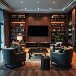 A contemporary-style living room interior richly adorned with a large, sleek flat-screen television and sophisticated bookshelves filled with elegant books