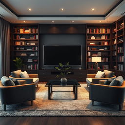 A contemporary-style living room interior richly adorned with a large, sleek flat-screen television and sophisticated bookshelves filled with elegant books