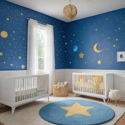 A baby-safe nursery with playful, colorful designs adorning the walls. The open, spacious room is painted in azure blue and gold, with whimsical motifs like animals, stars, and moons joyfully scattered on the walls to engage a baby's curiosity and joy.