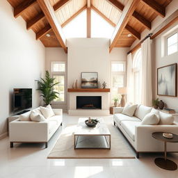 A cozy living room design with a wooden ceiling and white porcelain tile floors, featuring elegant furniture and modern decor