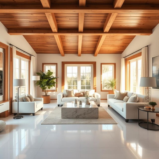 A cozy living room design with a wooden ceiling and white porcelain tile floors, featuring elegant furniture and modern decor