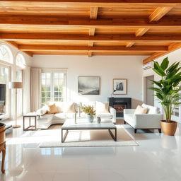 A cozy living room design with a wooden ceiling and white porcelain tile floors, featuring elegant furniture and modern decor