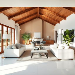 A cozy living room design with a wooden ceiling and white porcelain tile floors, featuring elegant furniture and modern decor