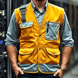 A stylish and functional field vest for an internet technician, featuring a design in gold and light blue colors