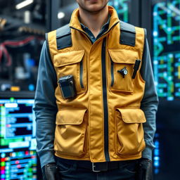 A stylish and functional field vest for an internet technician, featuring a design in gold and light blue colors