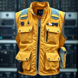 A stylish and functional field vest for an internet technician, featuring a design in gold and light blue colors