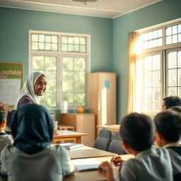 A serene and inspiring scene showcasing an Islamic education teacher guiding students in a tranquil classroom setting