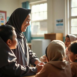 A serene and inspiring scene showcasing an Islamic education teacher guiding students in a tranquil classroom setting