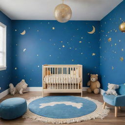 A baby-safe nursery with playful, colorful designs adorning the walls. The open, spacious room is painted in azure blue and gold, with whimsical motifs like animals, stars, and moons joyfully scattered on the walls to engage a baby's curiosity and joy.