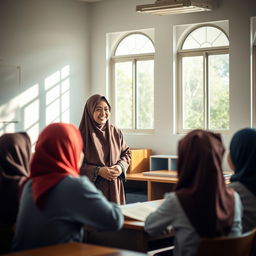 A serene and inspiring scene showcasing an Islamic education teacher guiding students in a tranquil classroom setting