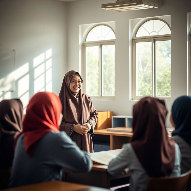 A serene and inspiring scene showcasing an Islamic education teacher guiding students in a tranquil classroom setting