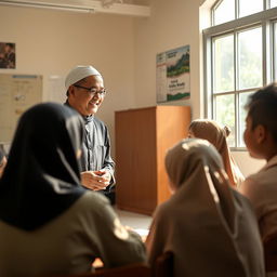 A serene and inspiring scene showcasing an Islamic education teacher guiding students in a tranquil classroom setting