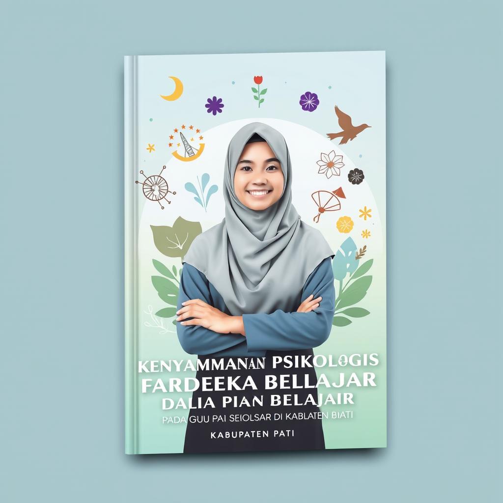 A striking book cover design featuring the theme of psychological comfort among Islamic religious education (PAI) teachers in implementing the Merdeka Belajar curriculum in elementary schools of Kabupaten Pati