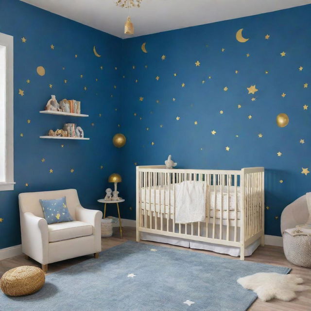 A baby-safe nursery with playful, colorful designs adorning the walls. The open, spacious room is painted in azure blue and gold, with whimsical motifs like animals, stars, and moons joyfully scattered on the walls to engage a baby's curiosity and joy.