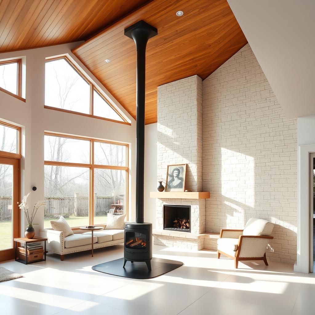 A cozy living room with a wooden ceiling, white porcelain tile floors, large windows allowing natural light to flood the space, a wood-burning stove as a central feature, and one wall elegantly clad in light-colored stone for added texture and warmth