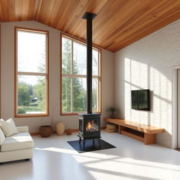 A cozy living room with a wooden ceiling, white porcelain tile floors, large windows allowing natural light to flood the space, a wood-burning stove as a central feature, and one wall elegantly clad in light-colored stone for added texture and warmth