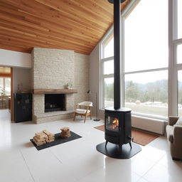 A cozy living room with a wooden ceiling, white porcelain tile floors, large windows allowing natural light to flood the space, a wood-burning stove as a central feature, and one wall elegantly clad in light-colored stone for added texture and warmth