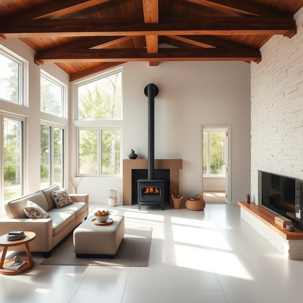 A cozy living room with a wooden ceiling, white porcelain tile floors, large windows allowing natural light to flood the space, a wood-burning stove as a central feature, and one wall elegantly clad in light-colored stone for added texture and warmth