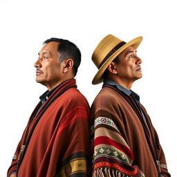 A realistic, photo-like image of two men with brown skin positioned at the center of the image