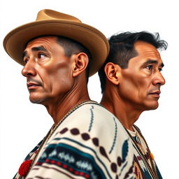 A realistic, photo-like image of two men with brown skin positioned at the center of the image