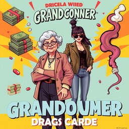A modern comedy movie poster featuring a dynamic and humorous duo: a grandmother and her granddaughter running a drug cartel