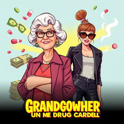 A modern comedy movie poster featuring a dynamic and humorous duo: a grandmother and her granddaughter running a drug cartel