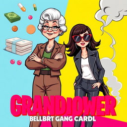 A modern comedy movie poster featuring a dynamic and humorous duo: a grandmother and her granddaughter running a drug cartel