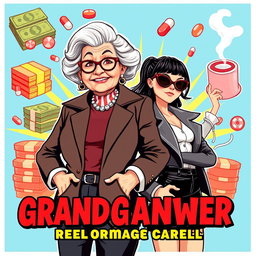 A modern comedy movie poster featuring a dynamic and humorous duo: a grandmother and her granddaughter running a drug cartel
