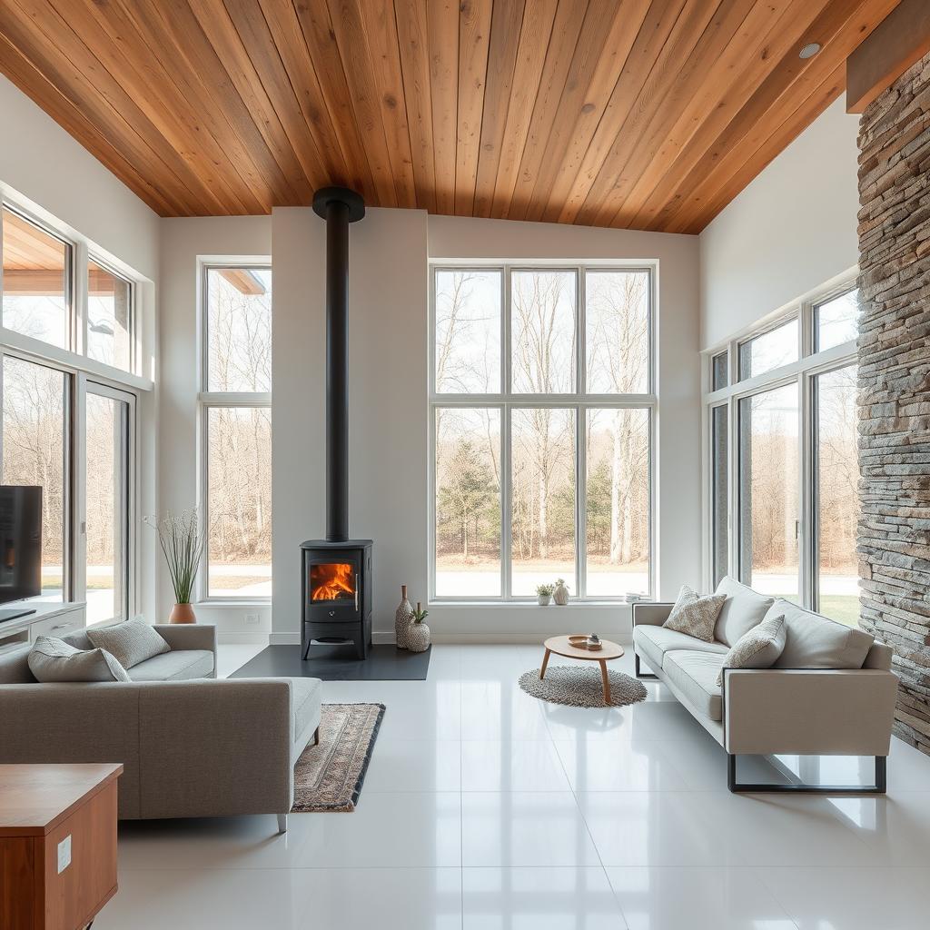 A modern living room featuring a wooden ceiling, white porcelain tile floors, and expansive windows that invite natural light, centered around a charming wood-burning stove