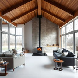 A modern living room featuring a wooden ceiling, white porcelain tile floors, and expansive windows that invite natural light, centered around a charming wood-burning stove