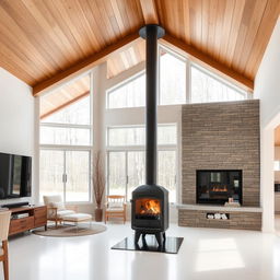 A modern living room featuring a wooden ceiling, white porcelain tile floors, and expansive windows that invite natural light, centered around a charming wood-burning stove