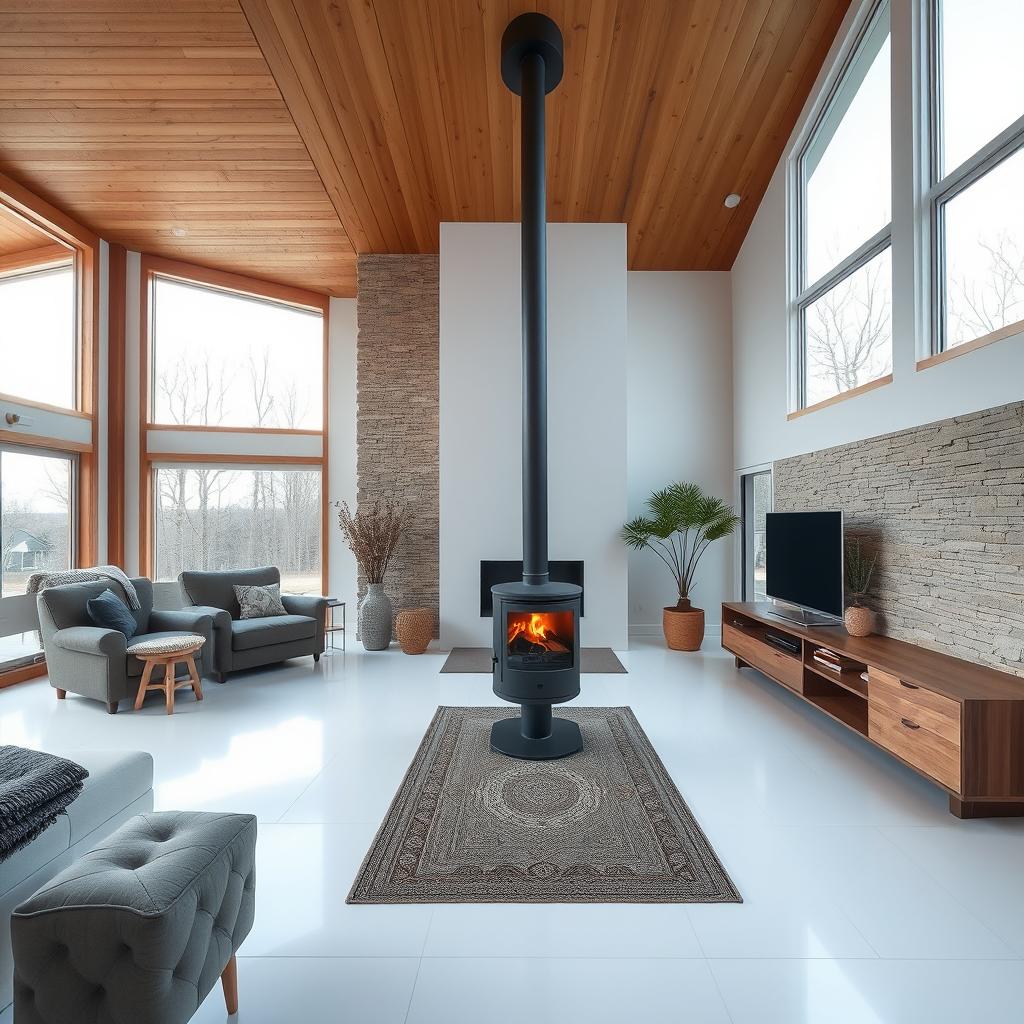 A modern living room featuring a wooden ceiling, white porcelain tile floors, and expansive windows that invite natural light, centered around a charming wood-burning stove