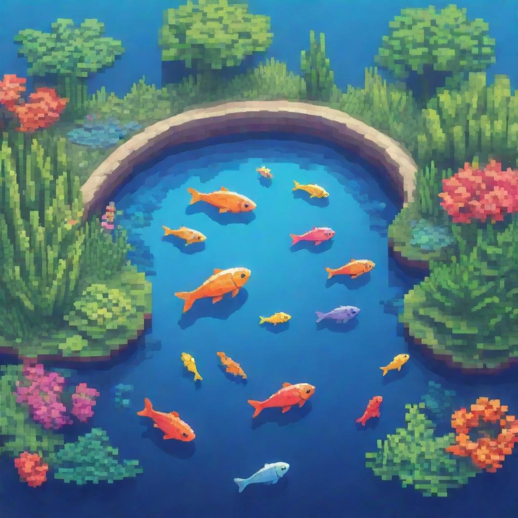 A vibrant pixel art style pond featuring fish and plants designed to appeal to a young and creative audience