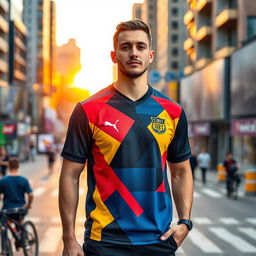 man wearing a fashionable jersey standing in a vibrant urban setting