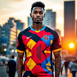 man wearing a fashionable jersey standing in a vibrant urban setting