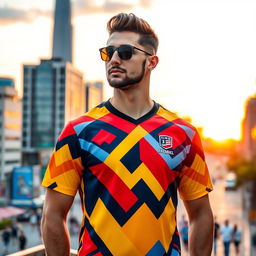 man wearing a fashionable jersey standing in a vibrant urban setting