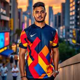 man wearing a fashionable jersey standing in a vibrant urban setting