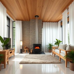 A stylish living room with a wooden ceiling and white porcelain tile floors, featuring large windows dressed in floor-to-ceiling white curtains