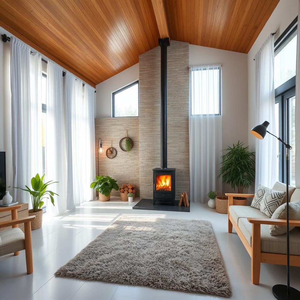 A stylish living room with a wooden ceiling and white porcelain tile floors, featuring large windows dressed in floor-to-ceiling white curtains