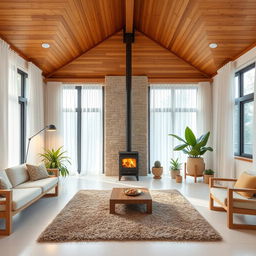 A stylish living room with a wooden ceiling and white porcelain tile floors, featuring large windows dressed in floor-to-ceiling white curtains