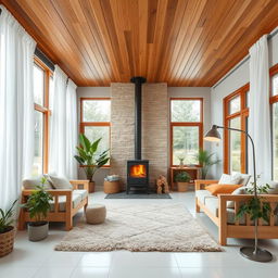 A stylish living room with a wooden ceiling and white porcelain tile floors, featuring large windows dressed in floor-to-ceiling white curtains