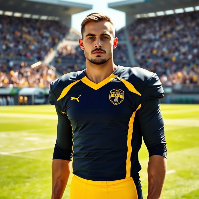 A male football player standing on a lush green field, wearing a sleek and modern jersey with a bold design resembling a professional football team's uniform