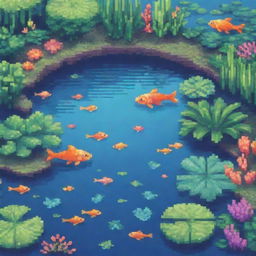 A vibrant pixel art style pond featuring fish and plants designed to appeal to a young and creative audience