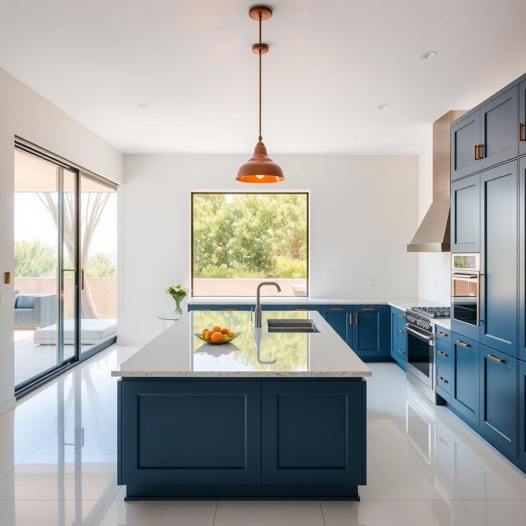 A modern kitchen featuring a sliding glass door that opens to a serene outdoor view