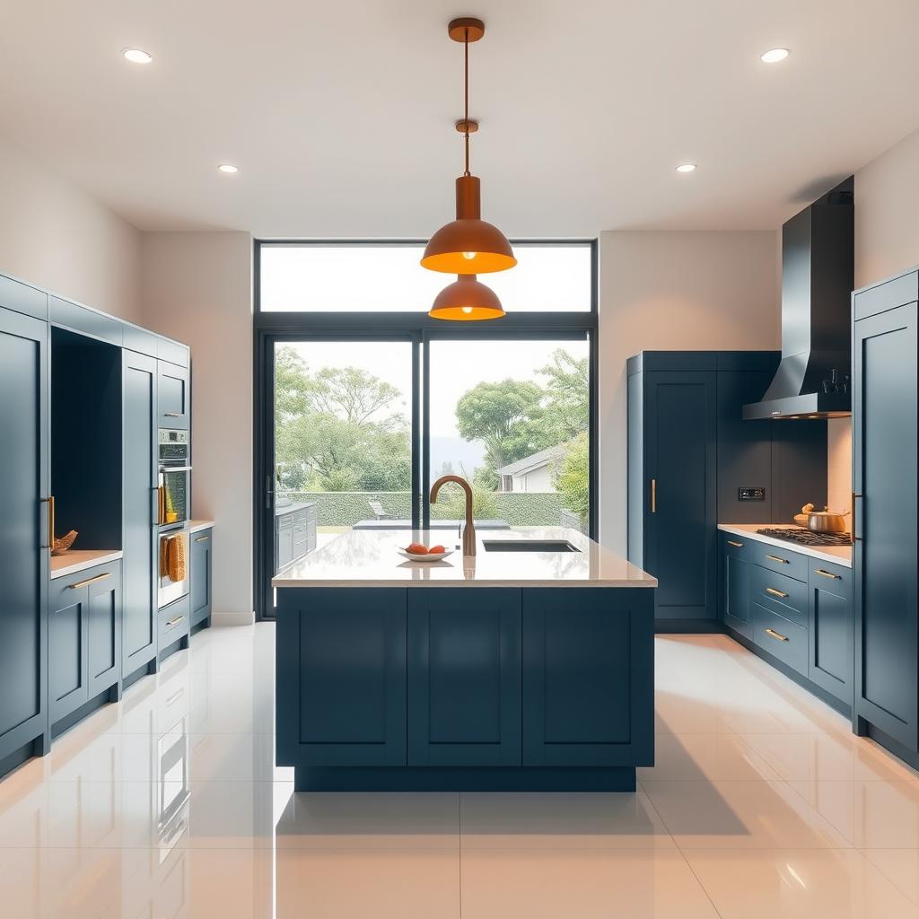 A modern kitchen featuring a sliding glass door that opens to a serene outdoor view