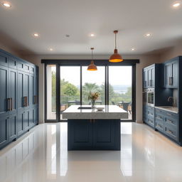 A modern kitchen featuring a sliding glass door that opens to a serene outdoor view