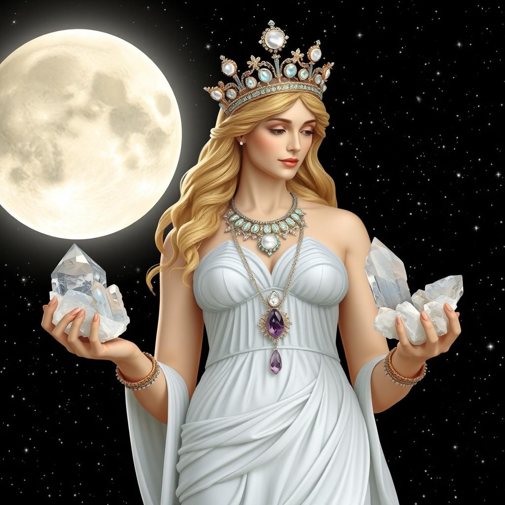Diana, the goddess of the half moon, gracefully holds Clear Quartz and Selenite crystals in her hands