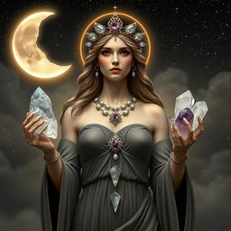 Diana, the goddess of the half moon, gracefully holds Clear Quartz and Selenite crystals in her hands